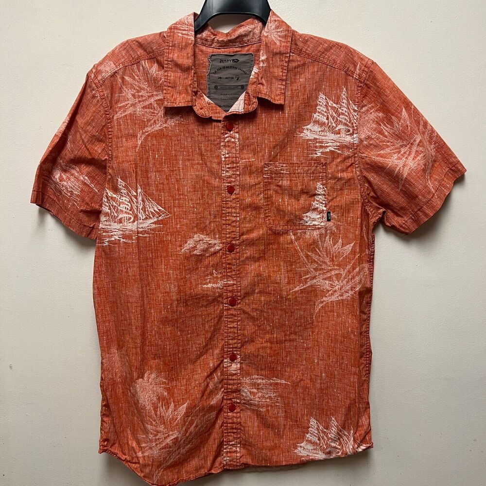 Rusty Casual Button XLarge Orange Palm Tree Beach Hawaiian Short Sleeve Shirt